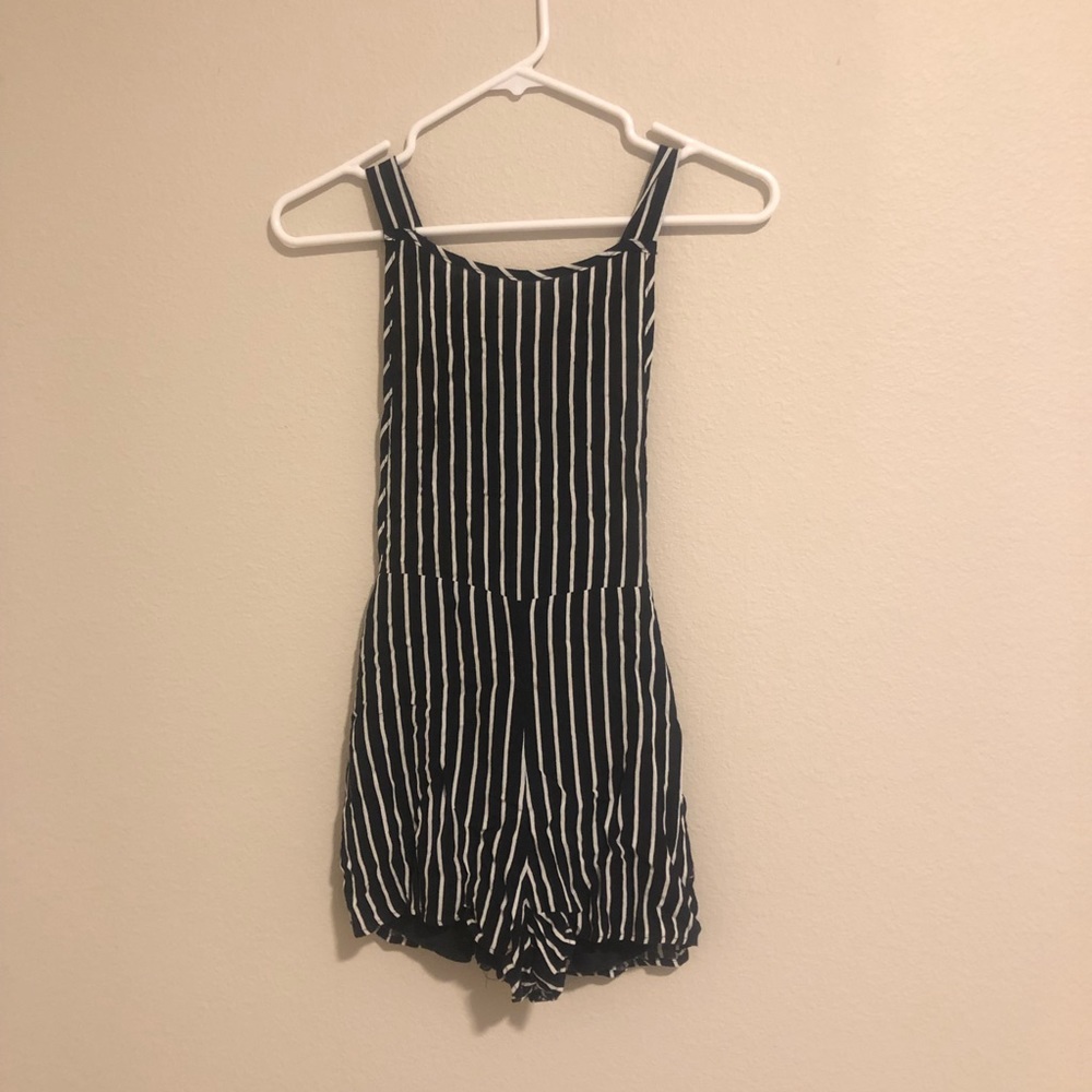 Black and White Striped Overall Romper